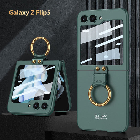 Electroplated Samsung Galaxy Z Flip 5 Case with Front Screen Tempered Glass Protector and Ring - Mycasety Mycasety