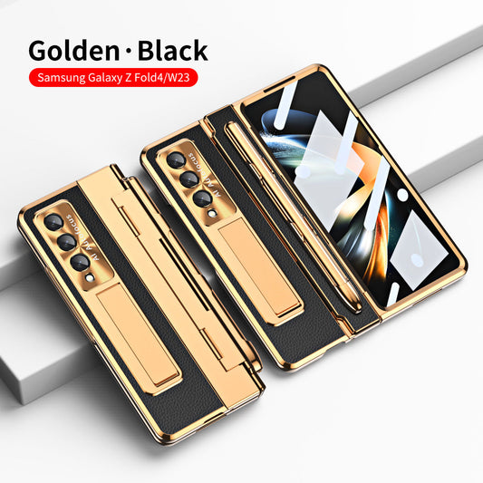 Hinge Folding Leather Magnetic Bracket Shell Electroplated Case For Samsung Galaxy Z Fold4 Fold3 5G With S Pen Slot & Stylus - Mycasety Mycasety