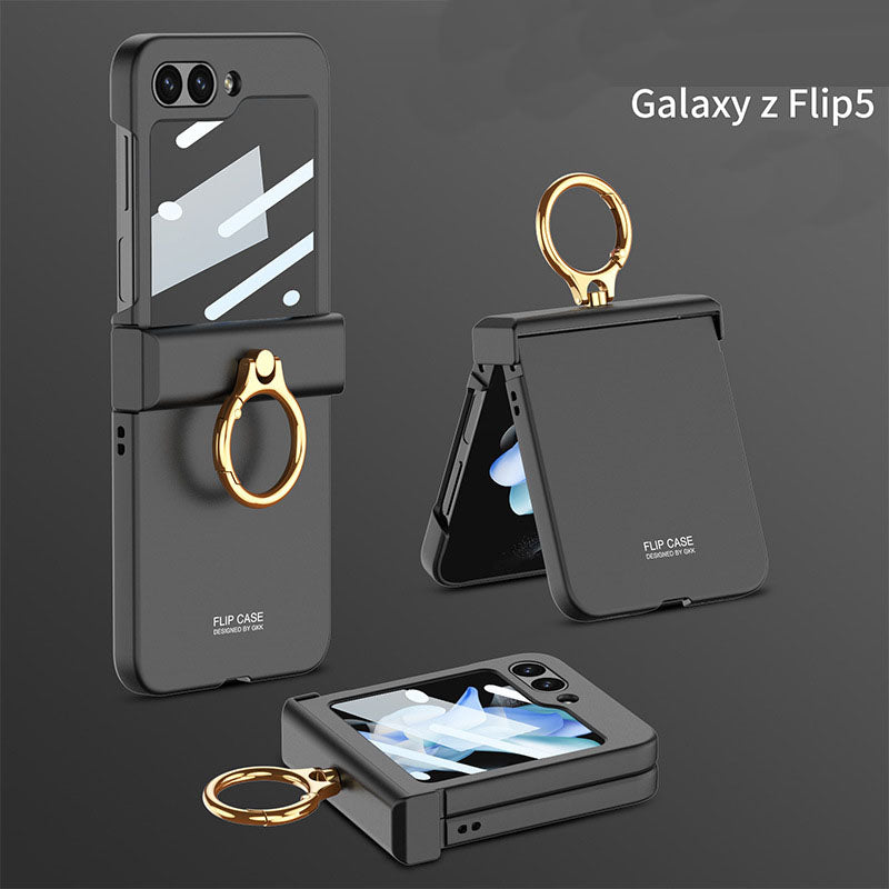 Electroplated hinge all-inclusive Case with Ring Front Screen Tempered Glass Protective Film For Samsung Galaxy Z Flip5 - Mycasety Mycasety