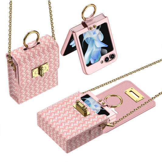 Luxury Leather Mini Phone Bag with Gold Chain For Samsung Galaxy Z Flip5 Flip4 Flip3 - Mycasety Mycasety