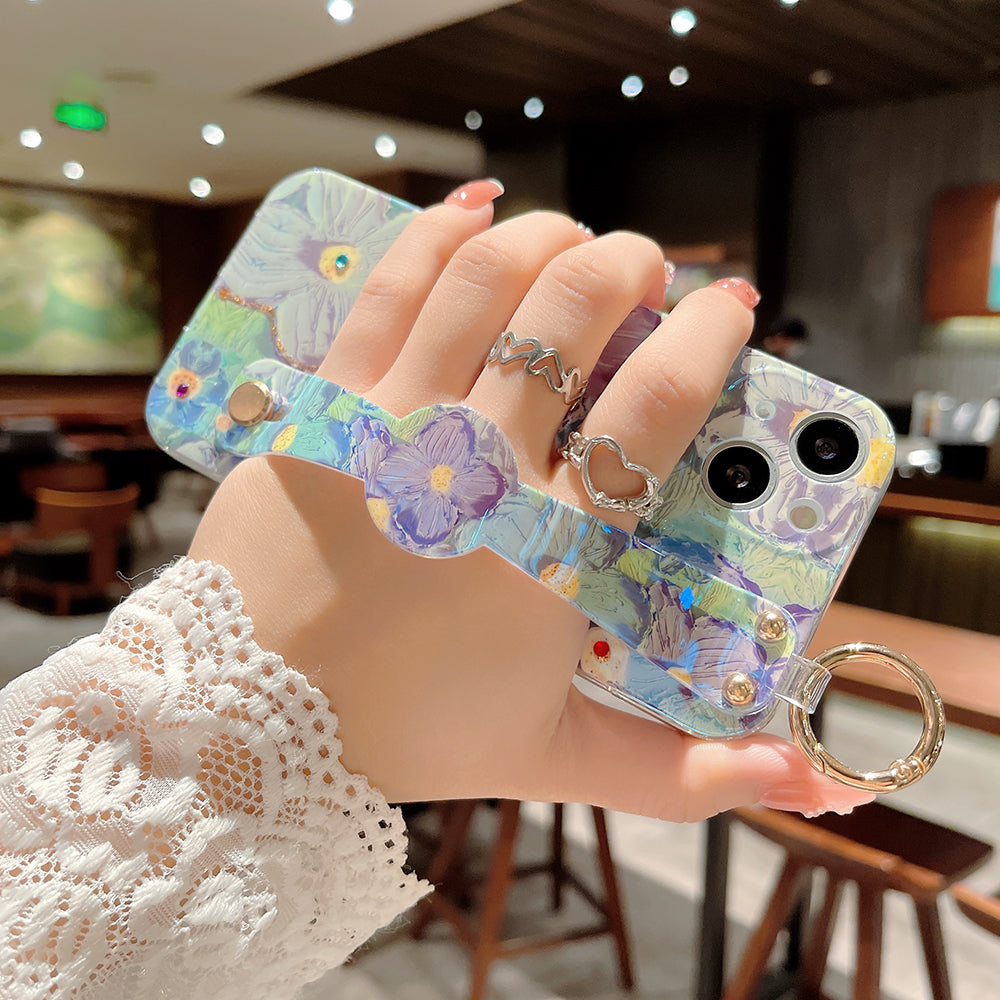 Purple Oil Painting Flower Wristband Holder with Lanyard iPhone Case - mycasety2023 Mycasety