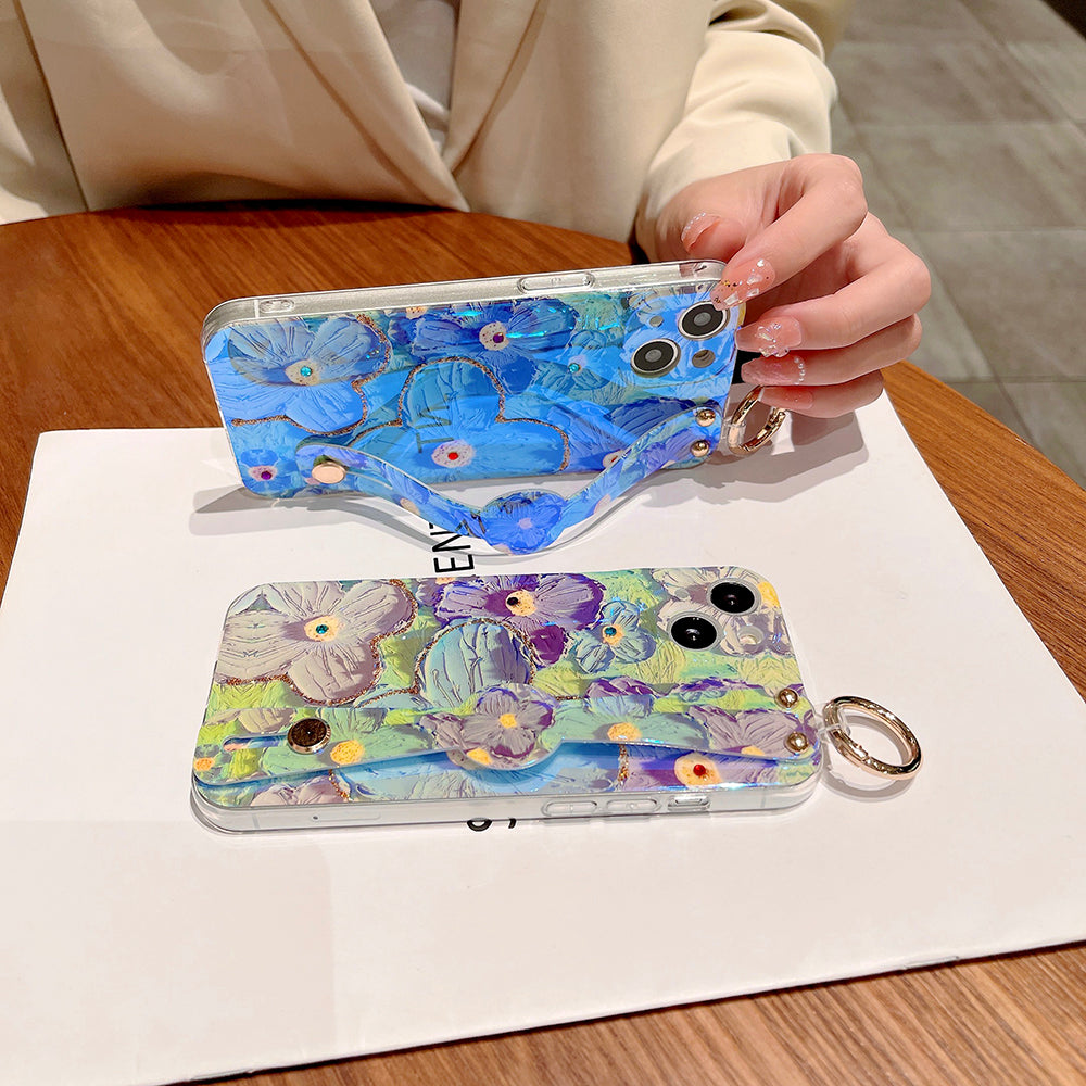 Purple Oil Painting Flower Wristband Holder with Lanyard iPhone Case - mycasety2023 Mycasety
