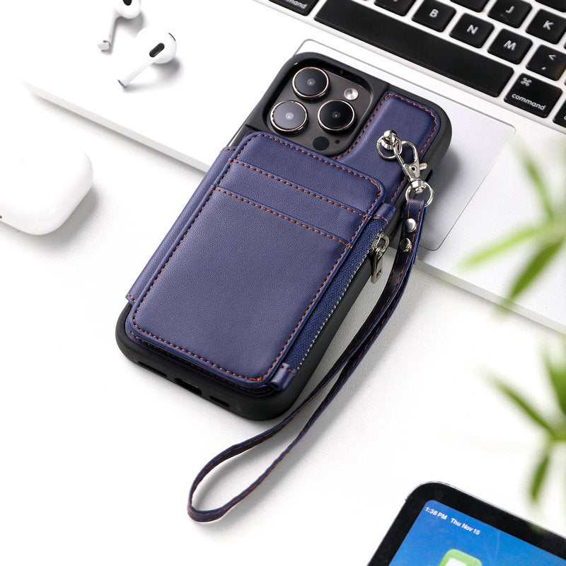 Luxurious Leather Card Holder Anti-fall Protective iPhone Case With Wrist Strap - Mycasety Mycasety