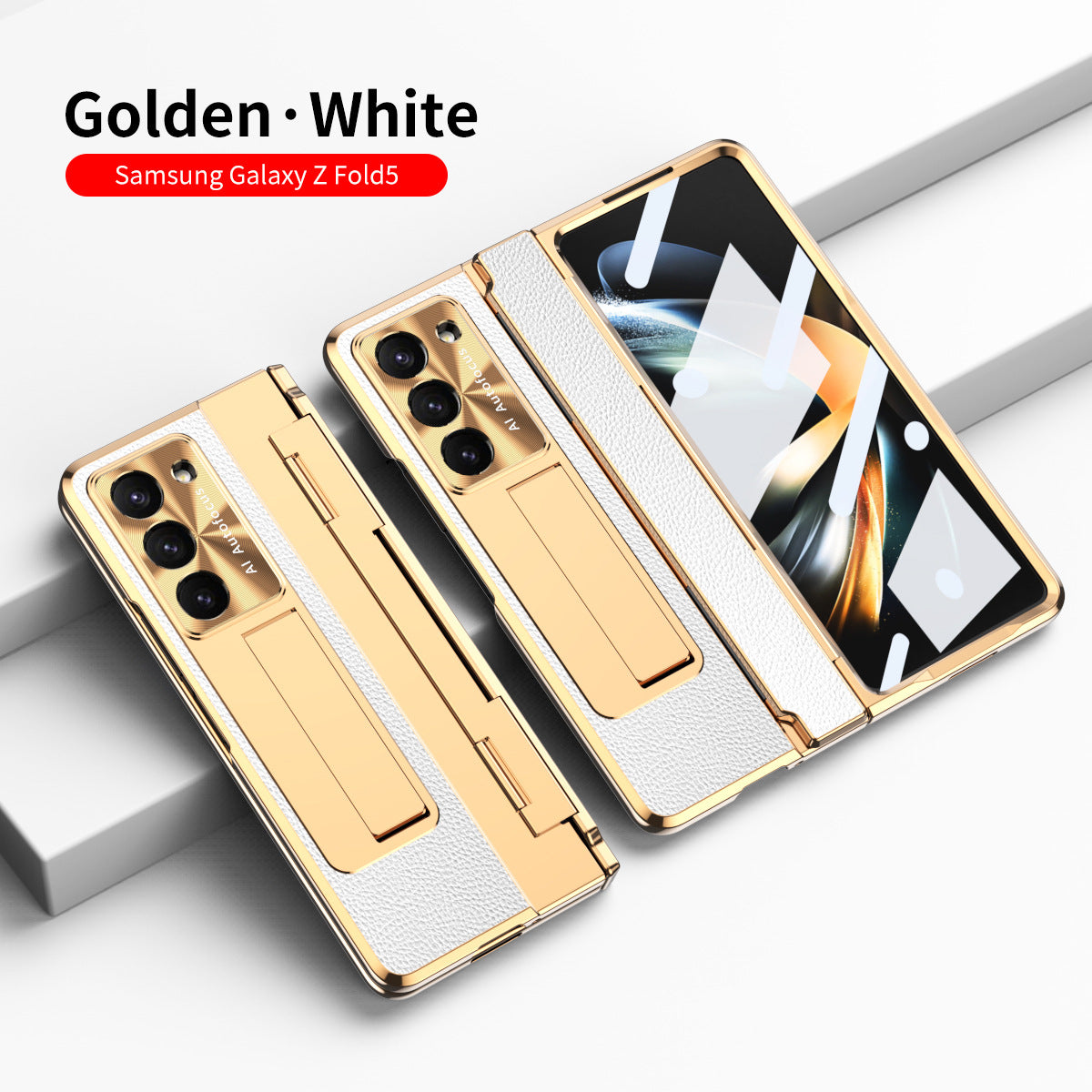 Plating Leather Galaxy Z Fold5 Fold4 Fold3 Case with Front Screen Protector & Flat Hinge Protection & Hidden Stand - mycasety2023 Mycasety