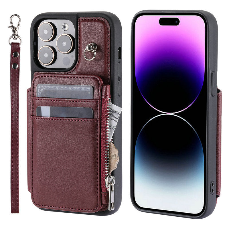 Luxurious Leather Card Holder Anti-fall Protective iPhone Case With Wrist Strap