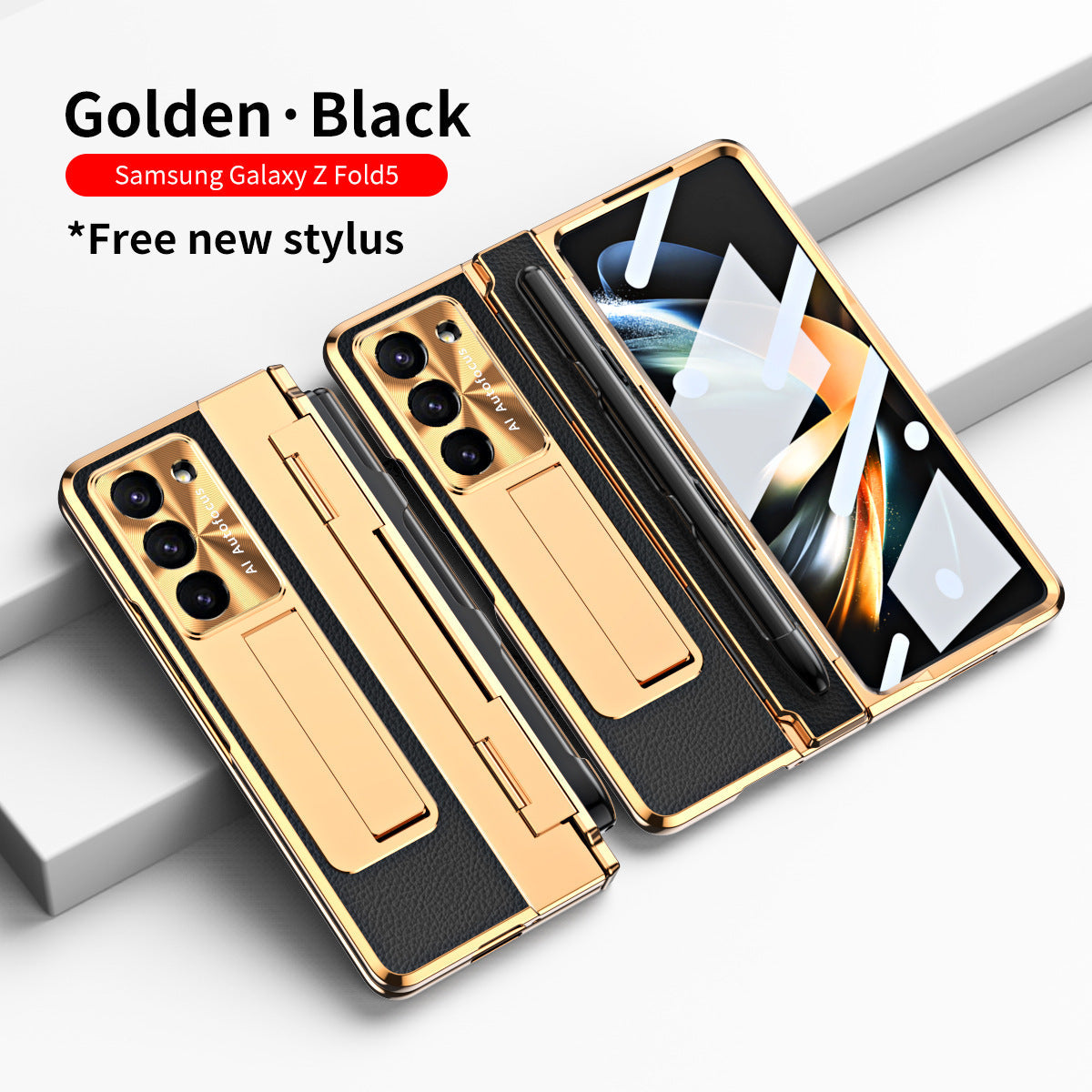 Plating Galaxy Z Fold5 Leather Case with Front Screen Protector & Flat Hinge & Pen Slot With Stylus - mycasety2023 Mycasety
