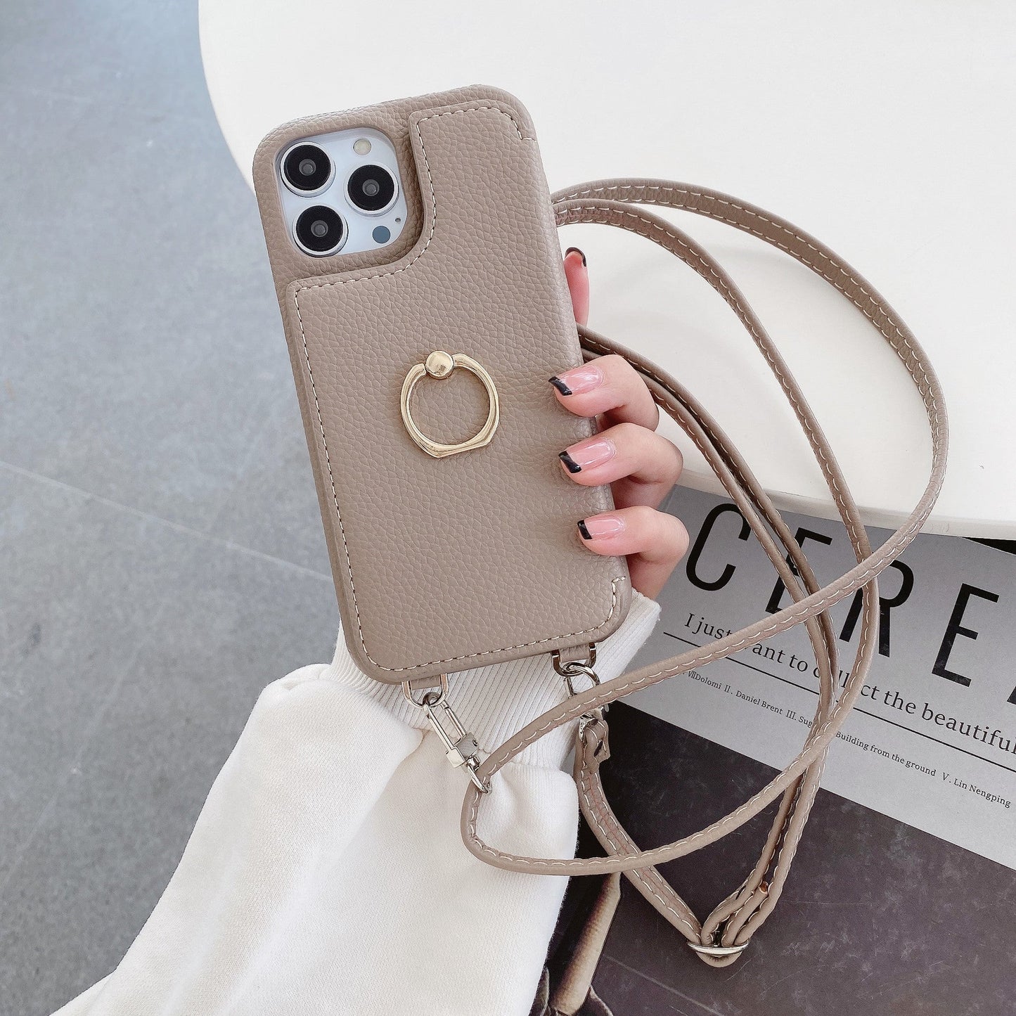 Luxurious Leather Card Holder Anti-fall Protective iPhone Case With Lanyard & Mirror - Mycasety Mycasety