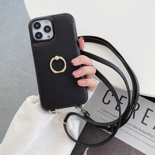 Luxurious Leather Card Holder Anti-fall Protective iPhone Case With Lanyard & Mirror - Mycasety Mycasety