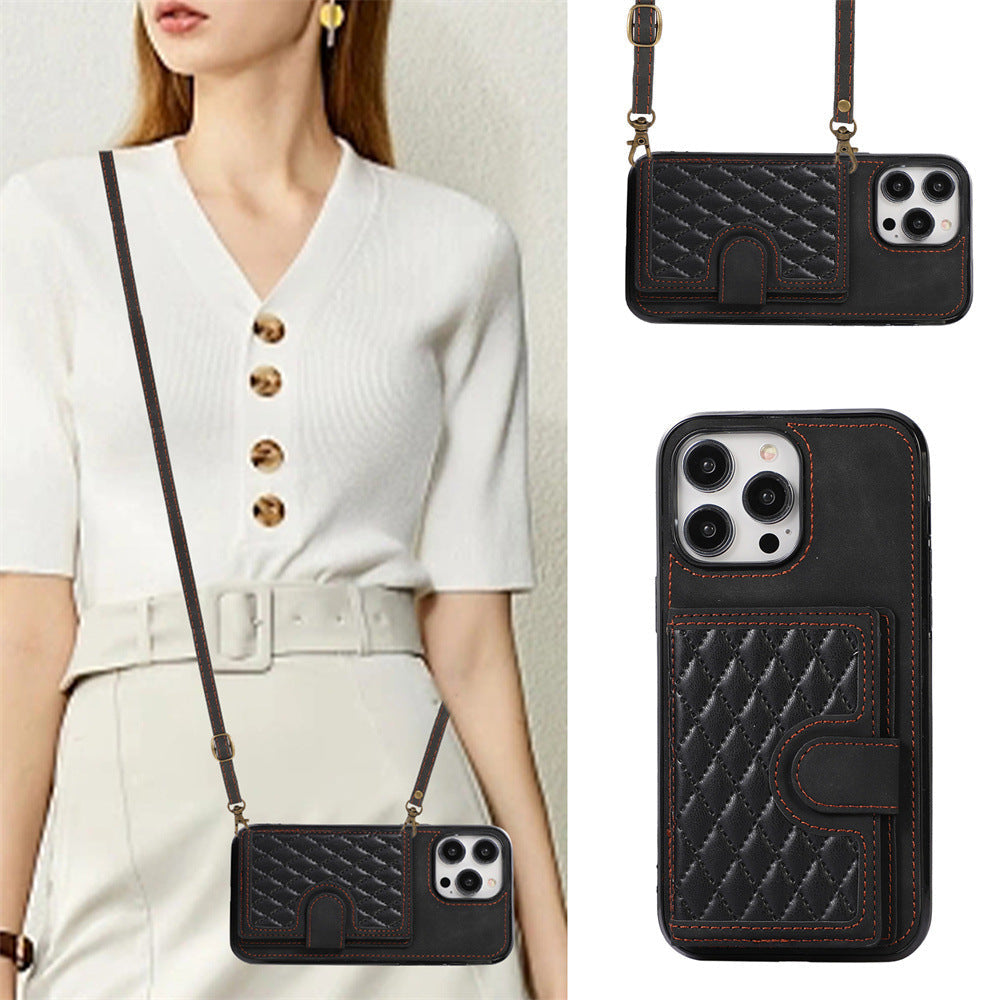 Luxurious Leather Card Holder Anti-fall Protective iPhone Case With Lanyard