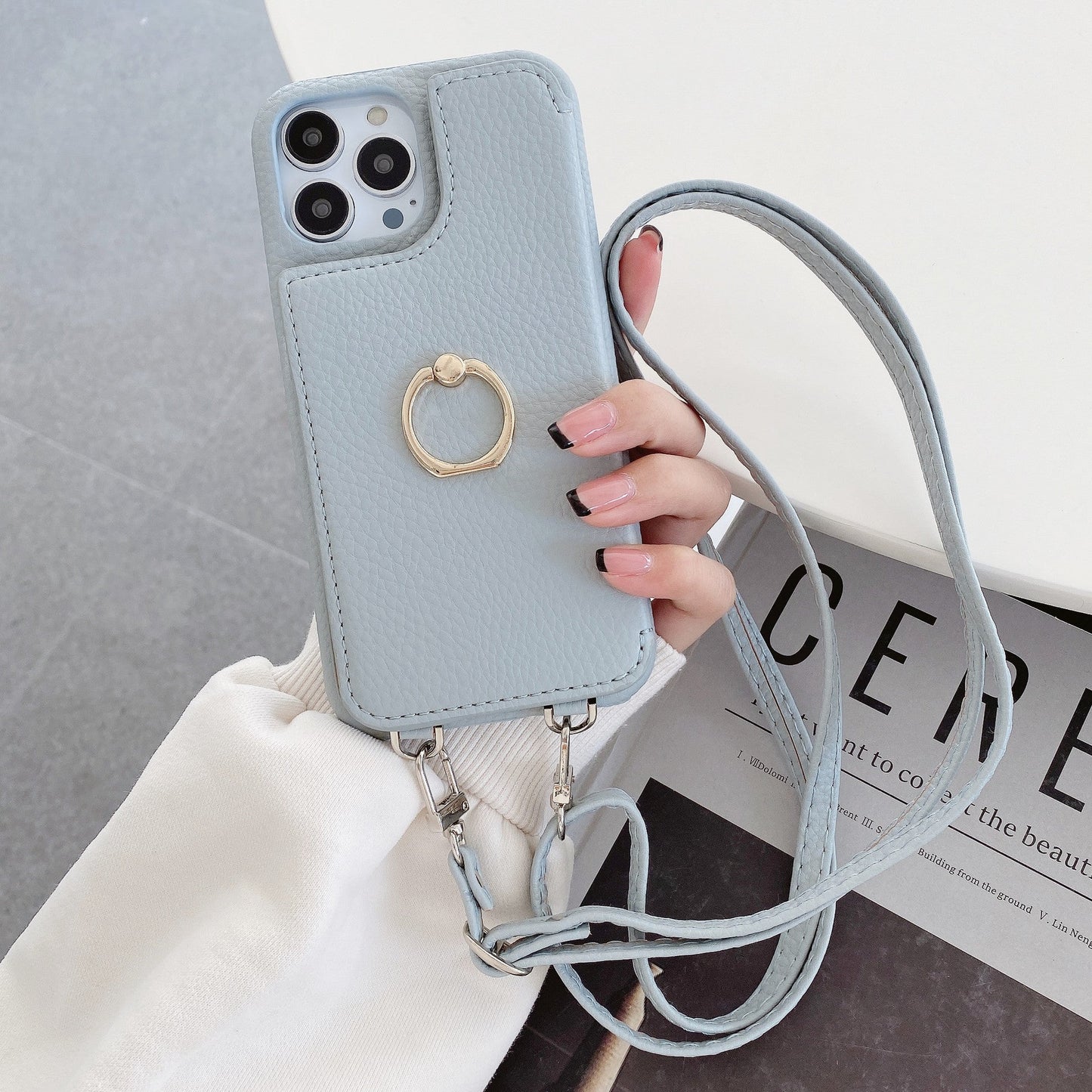 Luxurious Leather Card Holder Anti-fall Protective iPhone Case With Lanyard & Mirror - Mycasety Mycasety
