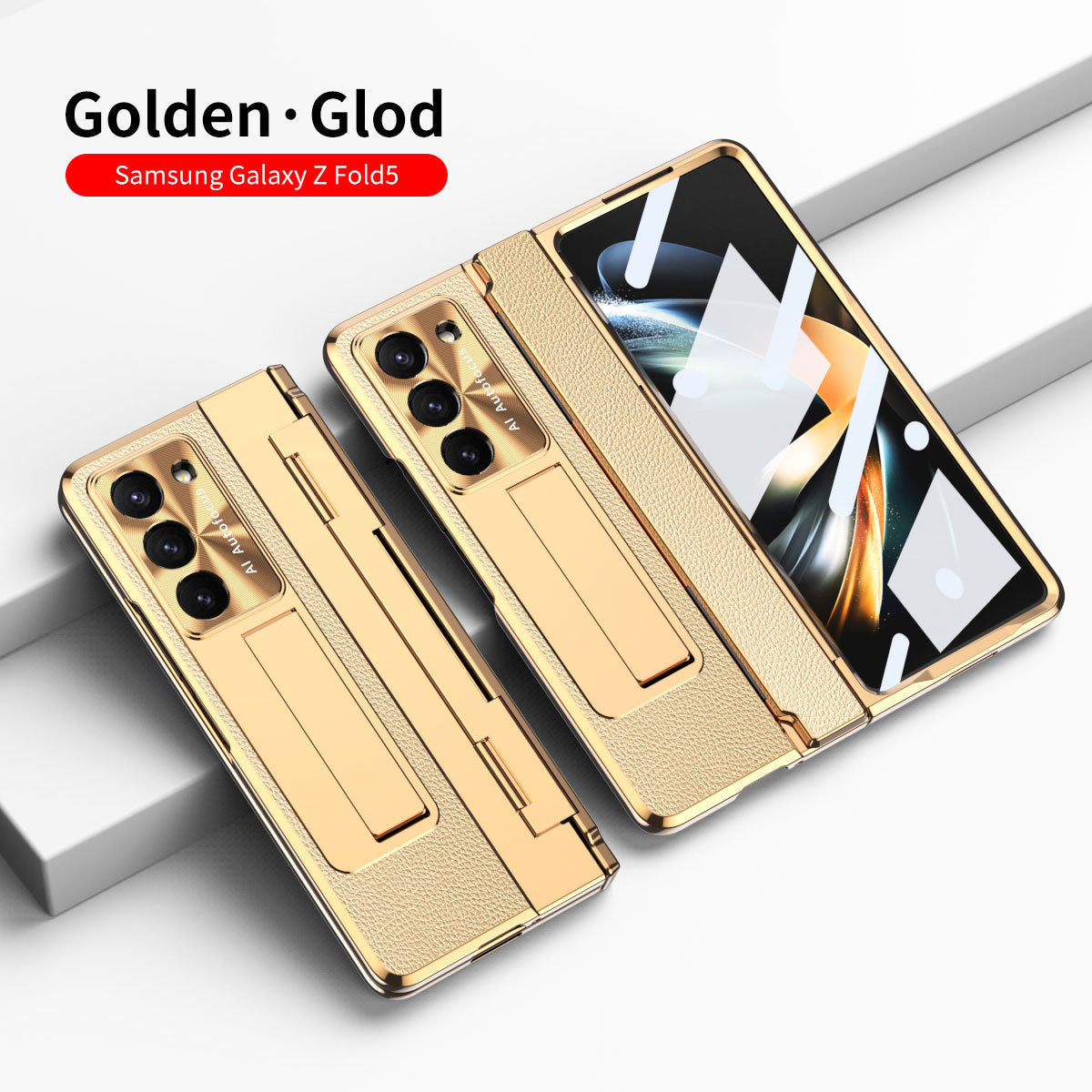Plating Leather Galaxy Z Fold5 Fold4 Fold3 Case with Front Screen Protector & Flat Hinge Protection & Hidden Stand - mycasety2023 Mycasety