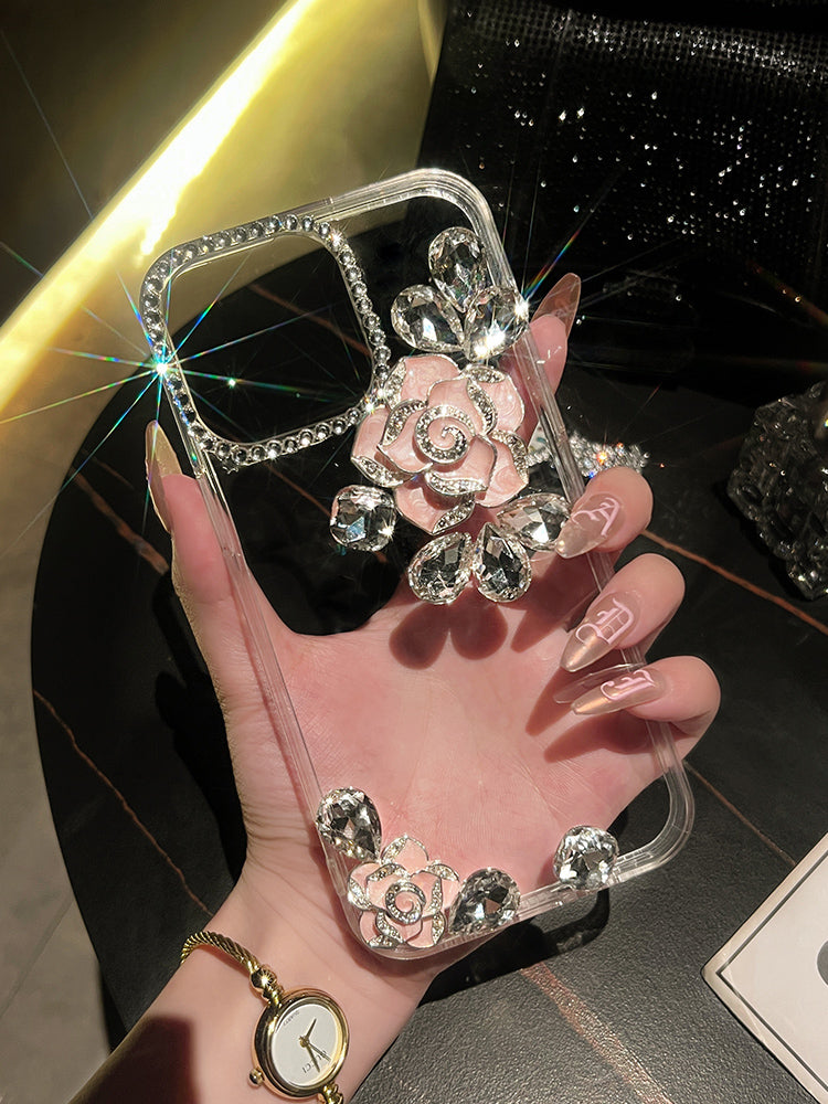 Luxury Camellia Diamond Transparent iPhone case - Mycasety Mycasety