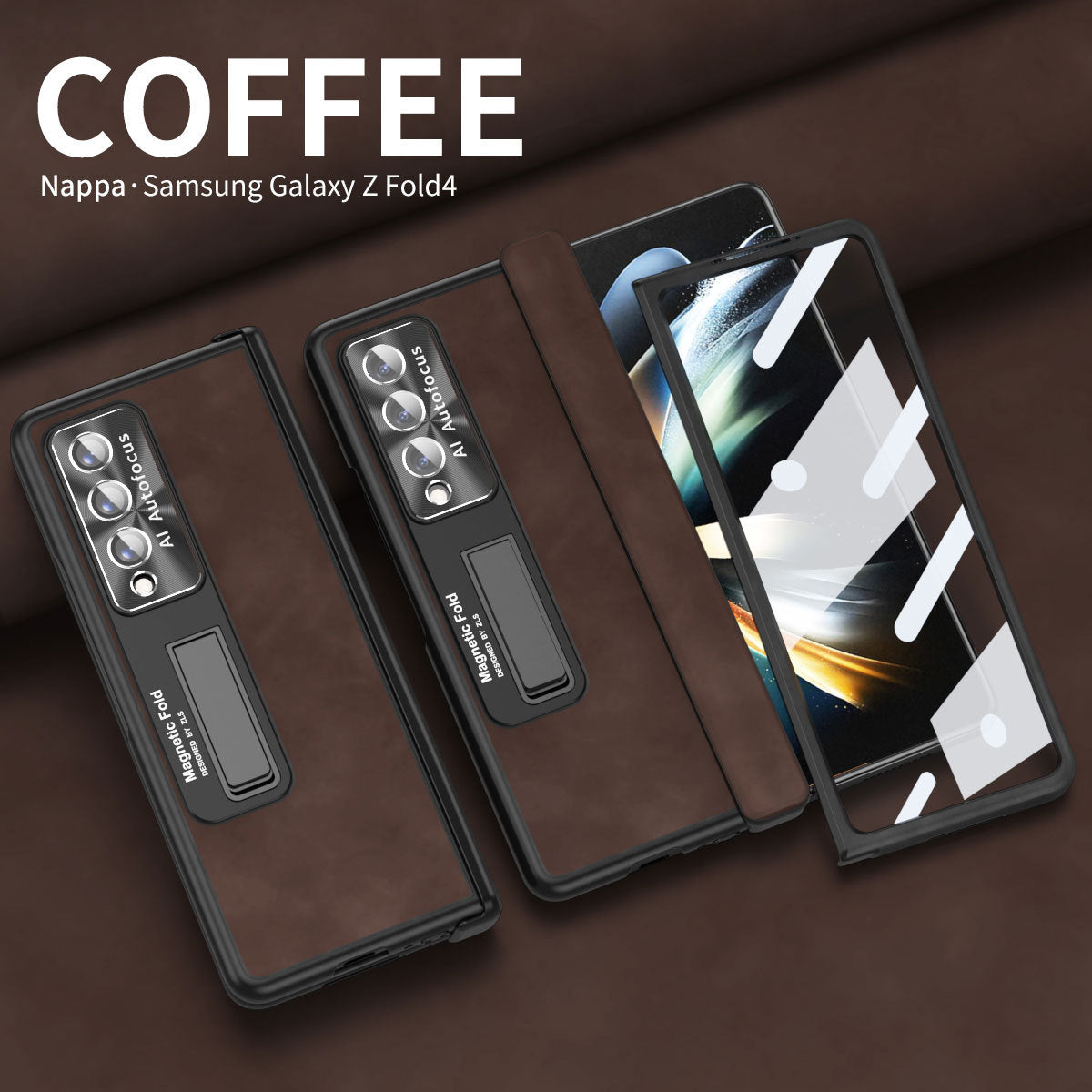 Luxury Nappa Leather Cover Magnetic Hinge Folding Shell Case For Samsung Galaxy Z Fold3 Fold4 Fold5 With Screen Protector - Mycasety Mycasety