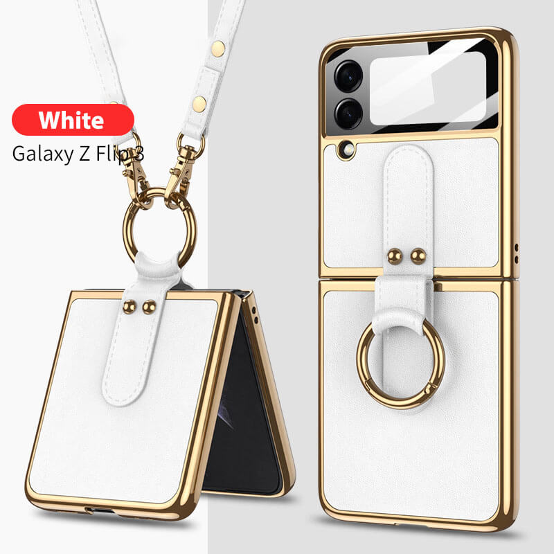 Luxury Leather Back Screen Tempered Glass Hard Frame Cover For Samsung Z Flip3 Flip4 5G With Lanyard - Mycasety Mycasety