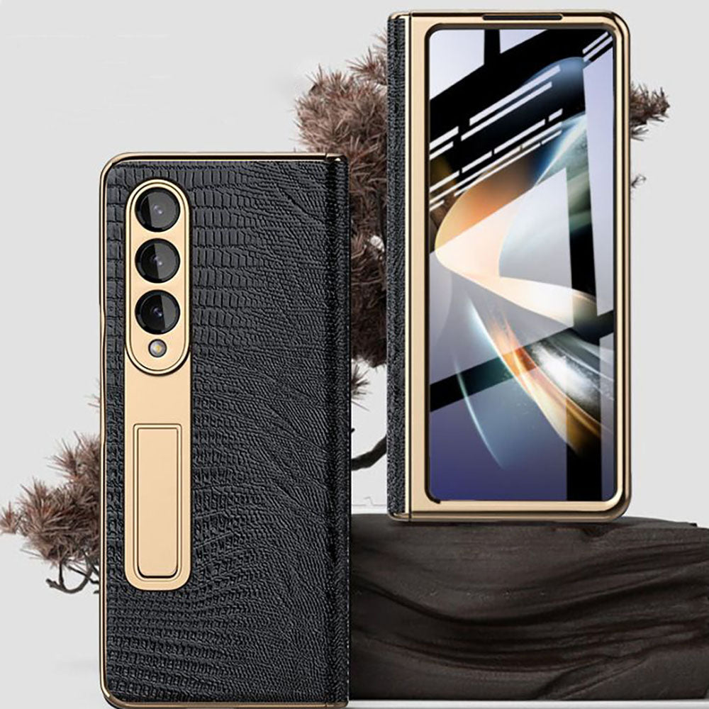 Handmade Leather Crocodile Pattern Phone Case With Back Screen Protector For Samsung Galaxy Z Fold4 5G - Mycasety Mycasety