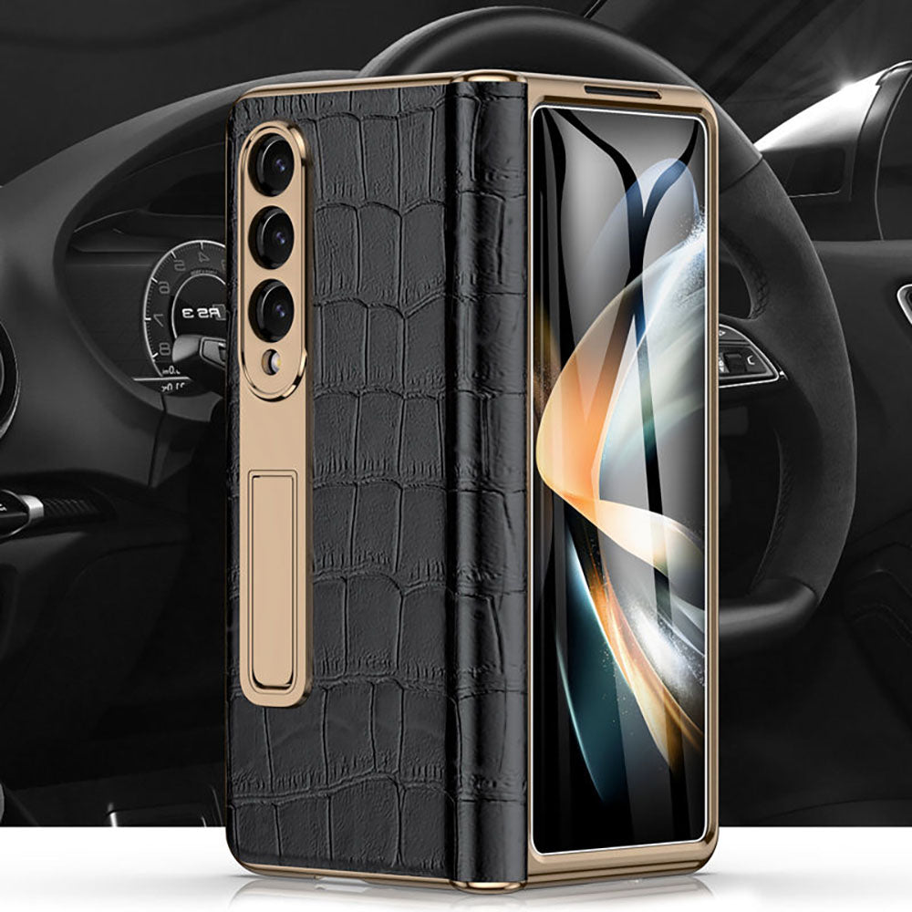 Handmade Leather Crocodile Pattern Phone Case With Back Screen Protector For Samsung Galaxy Z Fold4 5G - mycasety2023 Mycasety